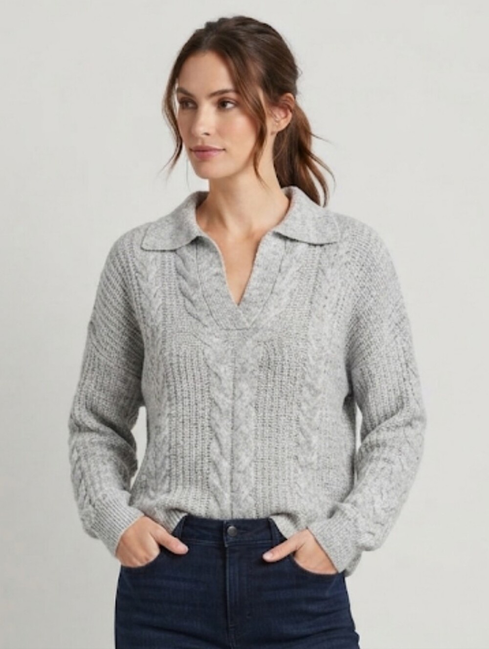 Time & Tru Gray Cable Knit Collared Polo Sweater Size  Large
